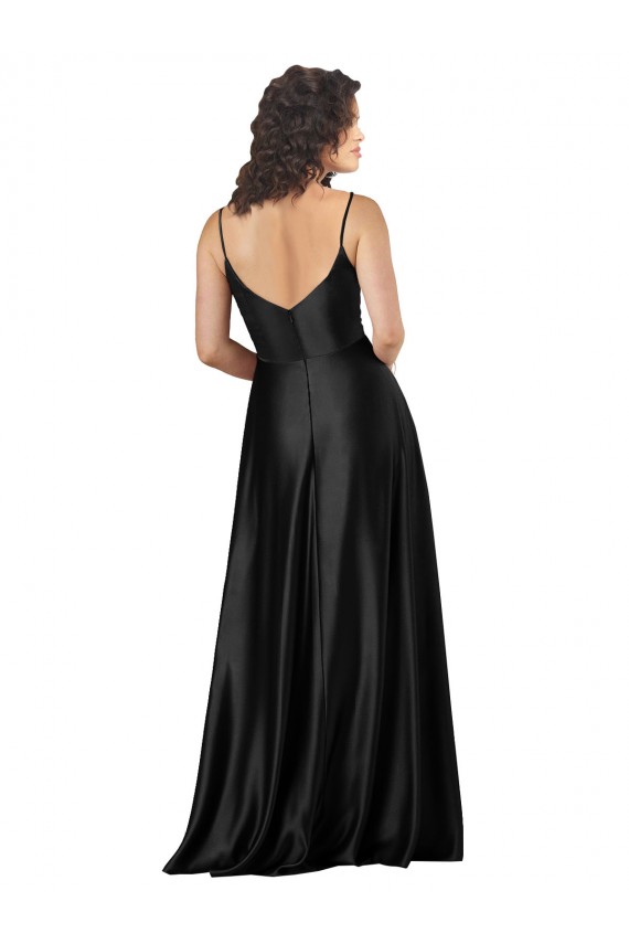 Noir Trapèze Col V Satiné Soyeux Longue Formelles Robes demoiselle d'honneur / Robes de soirée / Robes de bal en Gros