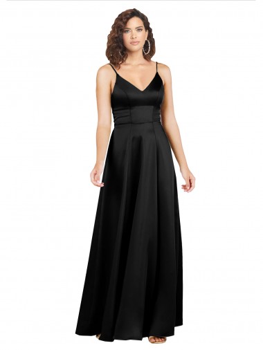 Noir Trapèze Col V Satiné Soyeux Longue Formelles Robes demoiselle d'honneur / Robes de soirée / Robes de bal en Gros