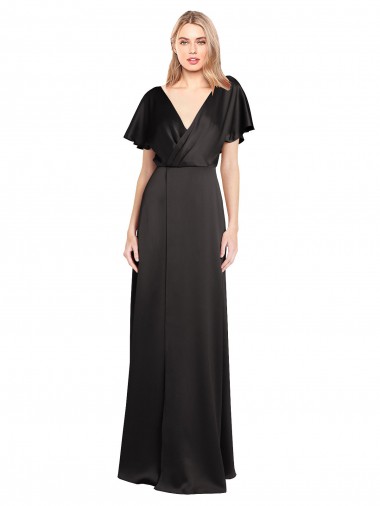Noir Trapèze Col V Satiné Stretch Longue Formelles Robes demoiselle d'honneur / Robes de soirée / Robes de bal en Gros