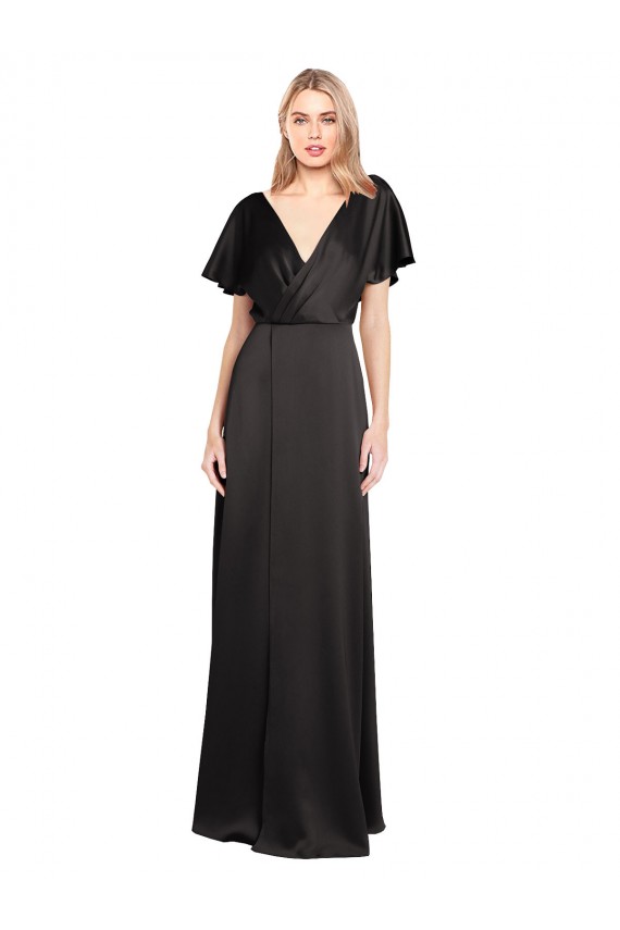 Noir Trapèze Col V Satiné Stretch Longue Formelles Robes demoiselle d'honneur / Robes de soirée / Robes de bal en Gros