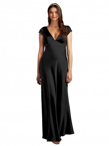 Noir Trapèze Col V Satiné Stretch Longue Formelles Robes demoiselle d'honneur / Robes de soirée / Robes de bal en Gros