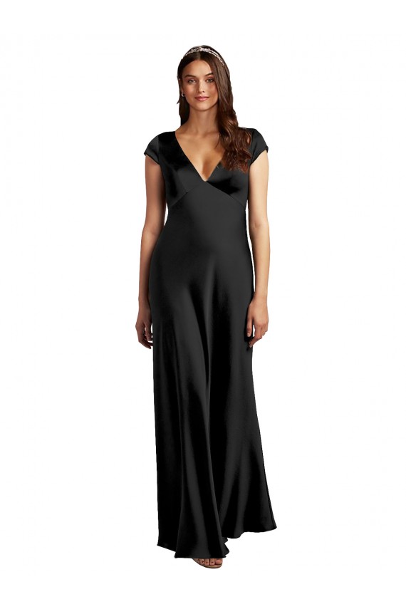 Noir Trapèze Col V Satiné Stretch Longue Formelles Robes demoiselle d'honneur / Robes de soirée / Robes de bal en Gros