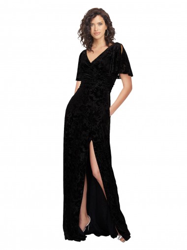 Noir Trapèze Col V Velours Floral Velours Stretch Longue Robes demoiselle d'honneur en Gros