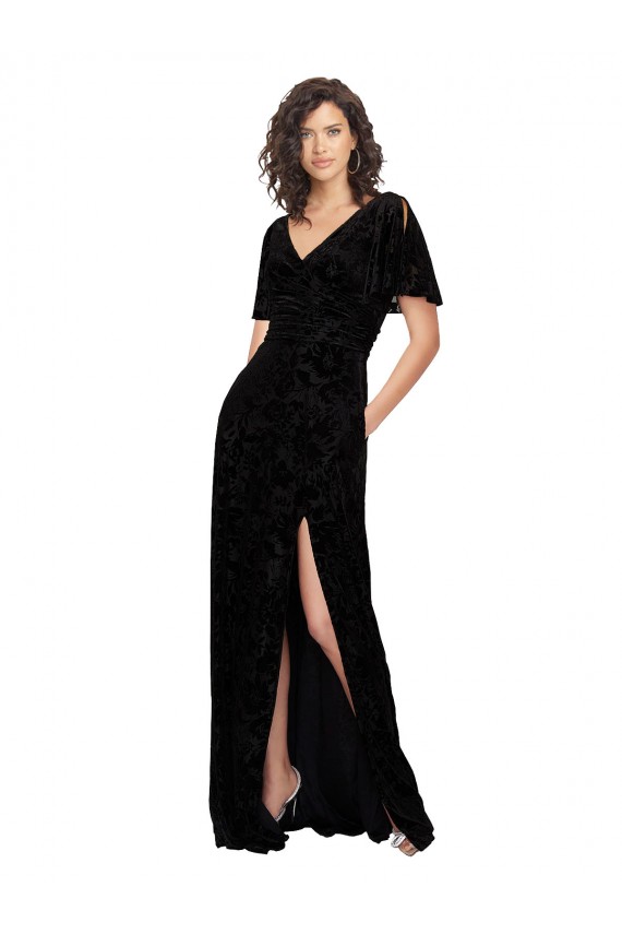 Noir Trapèze Col V Velours Floral Velours Stretch Longue Robes demoiselle d'honneur en Gros