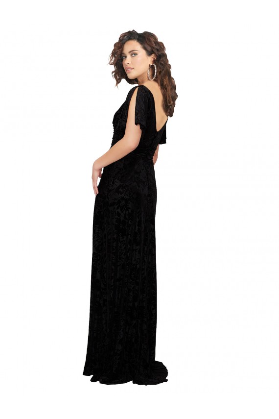 Noir Trapèze Col V Velours Floral Velours Stretch Longue Robes demoiselle d'honneur en Gros