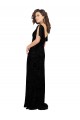 Noir Trapèze Col V Velours Floral Velours Stretch Longue Robes demoiselle d'honneur en Gros