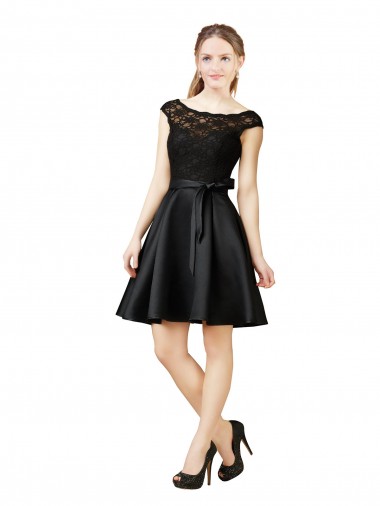 Noir Trapèze Illusion Satiné Dentelle Courte Robes demoiselle d'honneur / Robes de cocktail en Gros