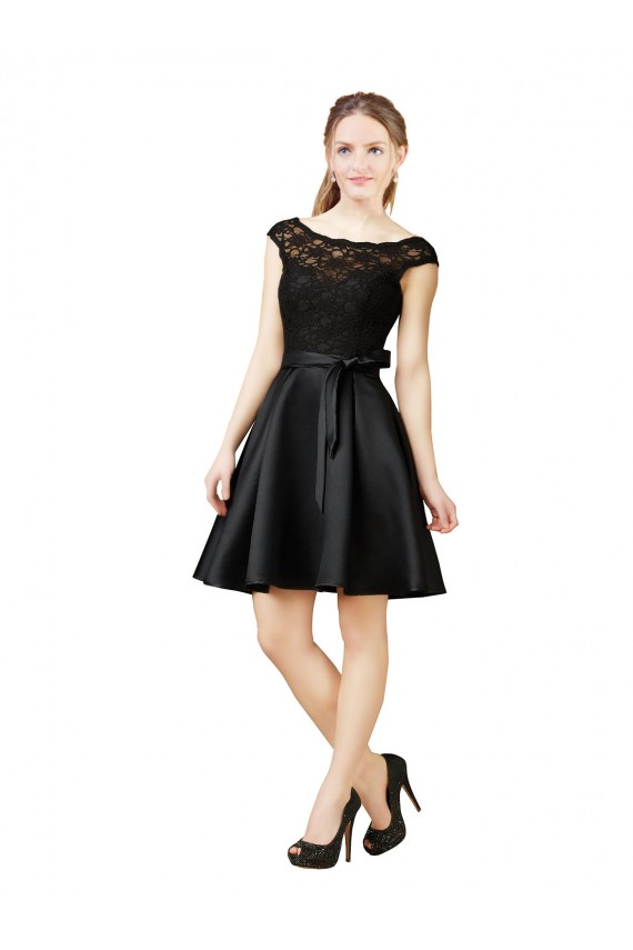 Noir Trapèze Illusion Satiné Dentelle Courte Robes demoiselle d'honneur / Robes de cocktail en Gros