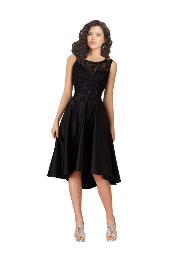 Noir Trapèze Illusion midi Satiné Dentelle Courte Asymétrique Robes demoiselle d'honneur / Robes de cocktail en Gros