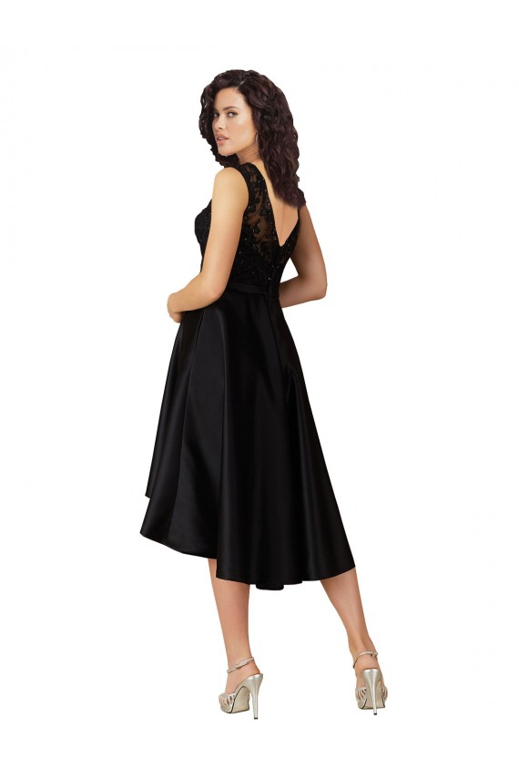 Noir Trapèze Illusion midi Satiné Dentelle Courte Asymétrique Robes demoiselle d'honneur / Robes de cocktail en Gros