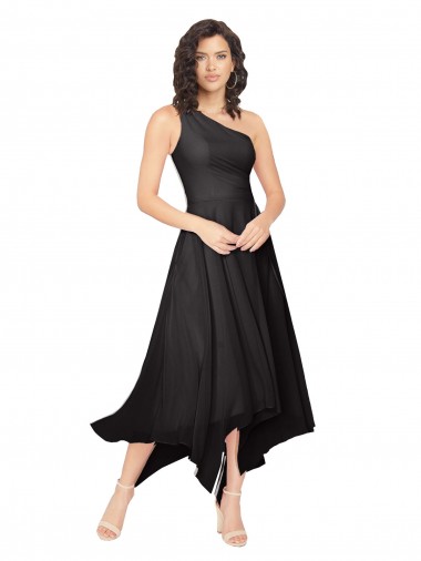 Noir Trapèze Sans bretelle midi Mousseline Courte Asymétrique Robes demoiselle d'honneur / Robes de cocktail en Gros