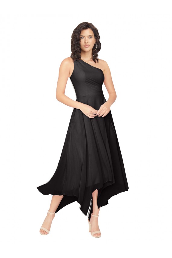 Noir Trapèze Sans bretelle midi Mousseline Courte Asymétrique Robes demoiselle d'honneur / Robes de cocktail en Gros
