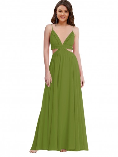 Olive verte Trapèze Col V Mousseline Longue Robes demoiselle d'honneur en Gros