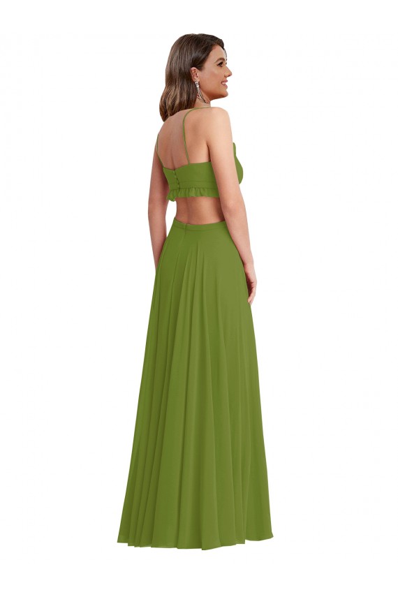 Olive verte Trapèze Col V Mousseline Longue Robes demoiselle d'honneur en Gros