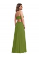 Olive verte Trapèze Col V Mousseline Longue Robes demoiselle d'honneur en Gros