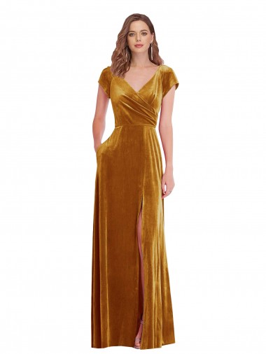 Or Fourreau Col V Velours Stretch Longue Formelles Robes demoiselle d'honneur / Robes de soirée / Robes de bal en Gros