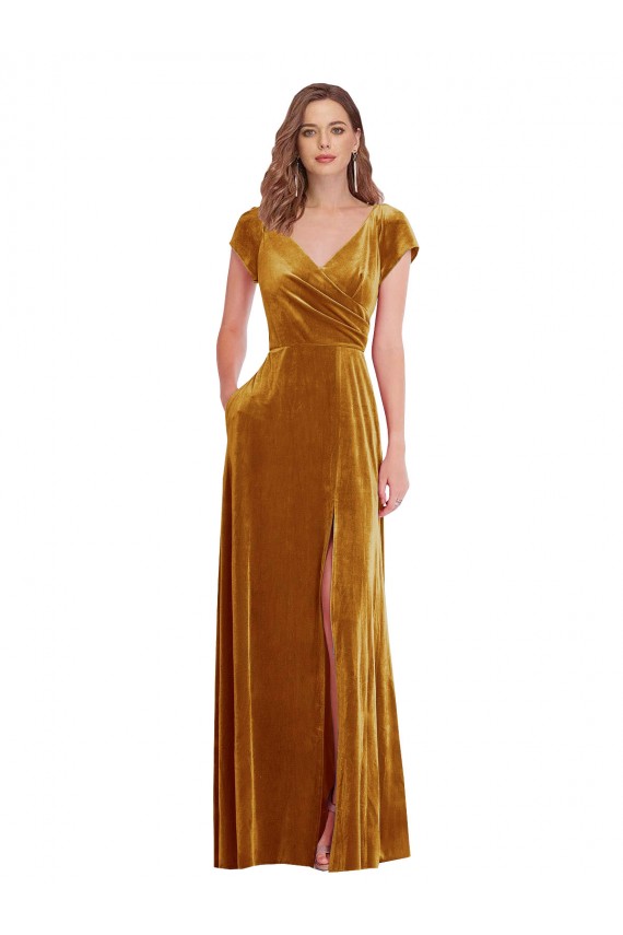 Or Fourreau Col V Velours Stretch Longue Formelles Robes demoiselle d'honneur / Robes de soirée / Robes de bal en Gros