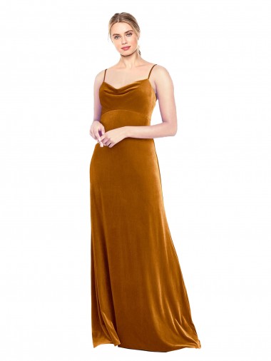 Or Trapèze Bretelles spaghetti Velours Stretch Longue Robes demoiselle d'honneur / Robes de bal en Gros
