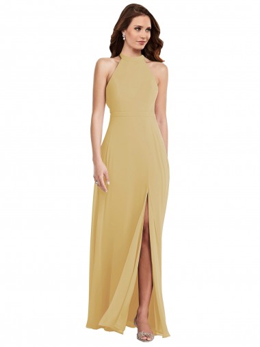 Or Trapèze Licou Mousseline Longue Robes demoiselle d'honneur en Gros