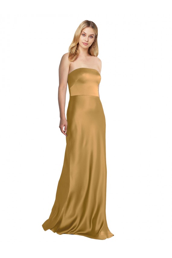 Or Trapèze Sans bretelle Satiné Stretch Longue Formelles Robes demoiselle d'honneur / Robes de soirée / Robes de bal en Gros