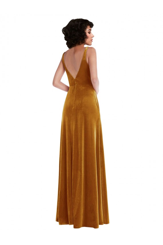 Or Trompette Col V Velours Stretch Longue Robes demoiselle d'honneur / Robes de bal en Gros