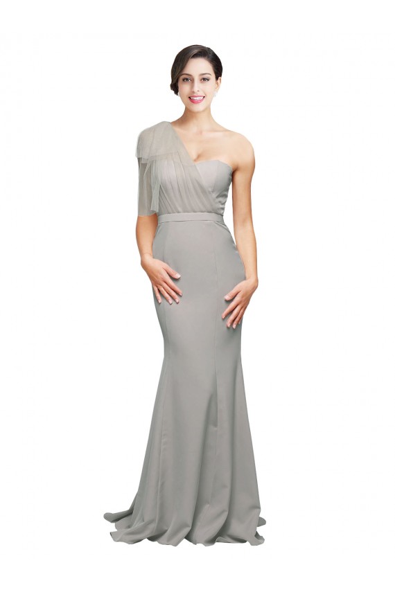 Oyster Argent Sirène Balayage train Crêpe Stretch Tulle Longue Formelles Robes demoiselle d'honneur / Robes de soirée / Robes de bal en Gros