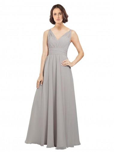 Oyster Argent Trapèze Col V Mousseline Longue Robes demoiselle d'honneur en Gros