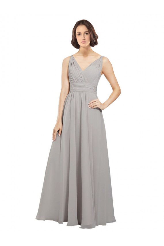 Oyster Argent Trapèze Col V Mousseline Longue Robes demoiselle d'honneur en Gros