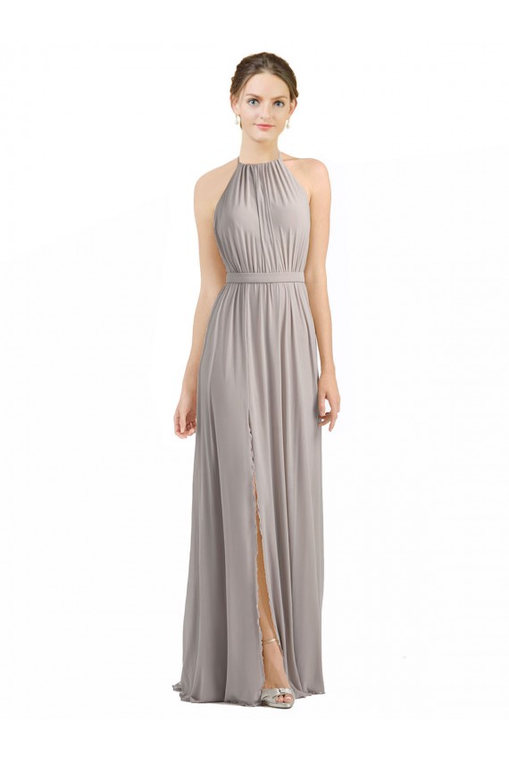 Oyster Argent Trapèze Licou Mousseline Longue Robes demoiselle d'honneur en Gros