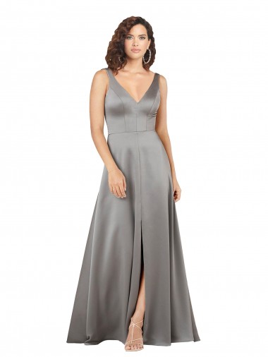Pearl Grey Trapèze Col V Satiné Soyeux Longue Formelles Robes demoiselle d'honneur / Robes de soirée / Robes de bal en Gros