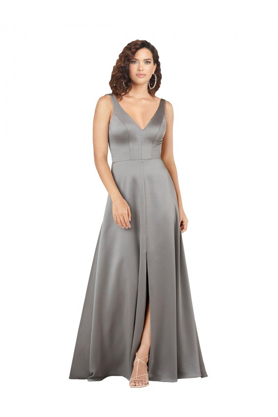 Pearl Grey Trapèze Col V Satiné Soyeux Longue Formelles Robes demoiselle d'honneur / Robes de soirée / Robes de bal en Gros