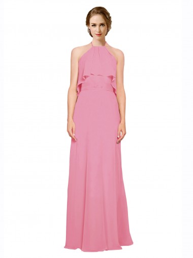Peau Rose Trapèze Licou Col Haut Mousseline Longue Robes demoiselle d'honneur en Gros