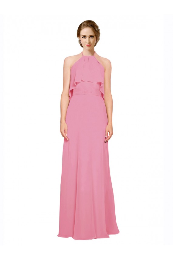 Peau Rose Trapèze Licou Col Haut Mousseline Longue Robes demoiselle d'honneur en Gros