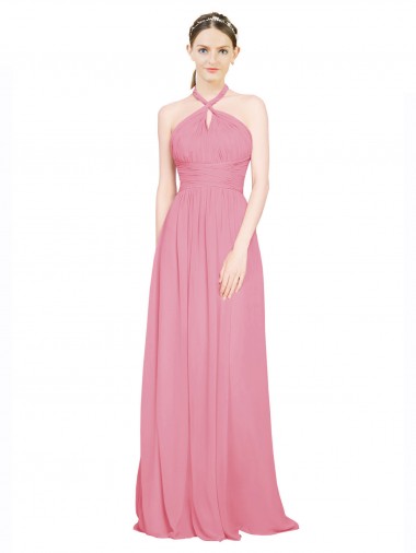 Peau Rose Trapèze Licou Col V Mousseline Longue Robes demoiselle d'honneur en Gros