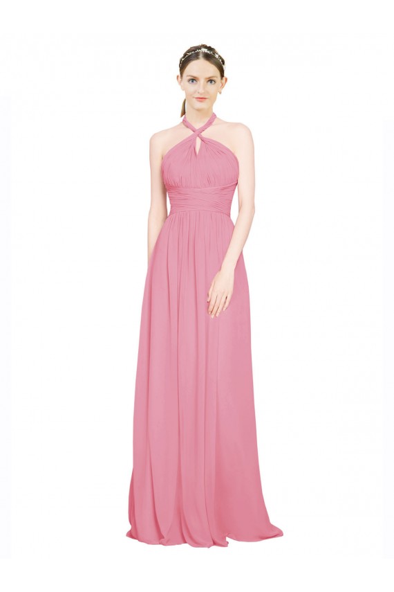 Peau Rose Trapèze Licou Col V Mousseline Longue Robes demoiselle d'honneur en Gros
