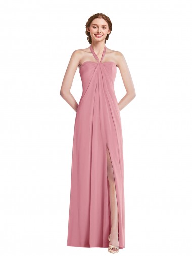 Peau Rose Trapèze Licou Mousseline Longue Robes demoiselle d'honneur en Gros