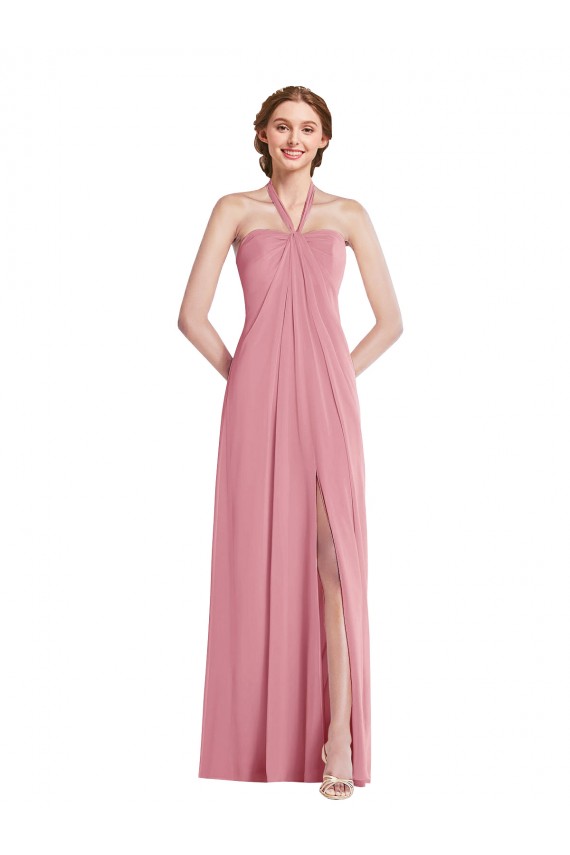 Peau Rose Trapèze Licou Mousseline Longue Robes demoiselle d'honneur en Gros