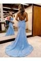 Periwinkle Fourreau Col V Balayage train Paillettes Velours Longue Robes de bal en Gros
