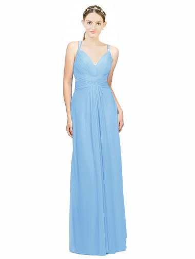 Periwinkle Trapèze Bretelles spaghetti Col V Mousseline Longue Robes demoiselle d'honneur en Gros