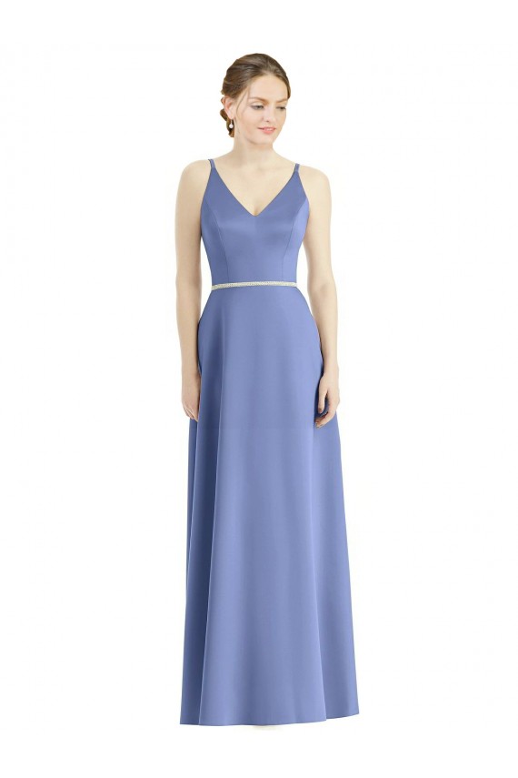 Periwinkle Trapèze Bretelles spaghetti Col V Satiné Longue Robes demoiselle d'honneur en Gros