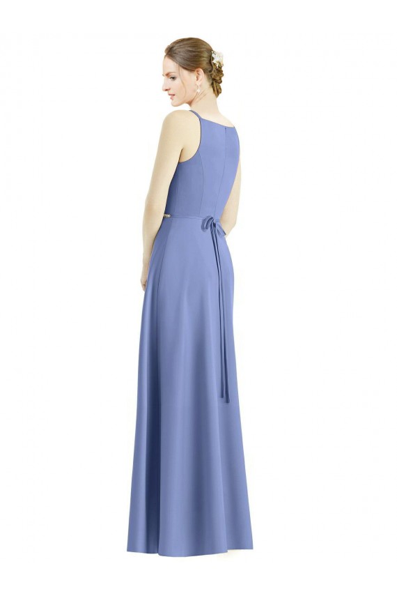 Periwinkle Trapèze Bretelles spaghetti Col V Satiné Longue Robes demoiselle d'honneur en Gros