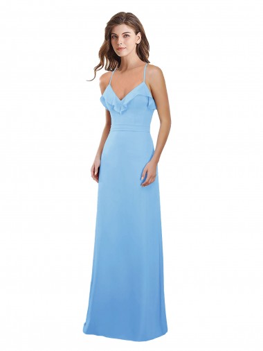 Periwinkle Trapèze Bretelles spaghetti Mousseline Longue Robes demoiselle d'honneur en Gros