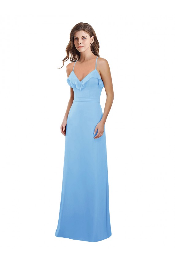 Periwinkle Trapèze Bretelles spaghetti Mousseline Longue Robes demoiselle d'honneur en Gros