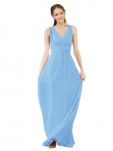 Periwinkle Trapèze Col V Mousseline Longue Robes demoiselle d'honneur en Gros