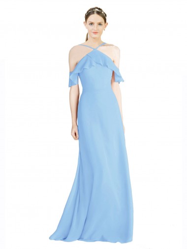 Periwinkle Trapèze Licou Mousseline Longue Robes demoiselle d'honneur en Gros