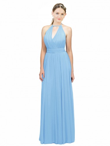 Periwinkle Trapèze Licou Mousseline Longue Robes demoiselle d'honneur en Gros