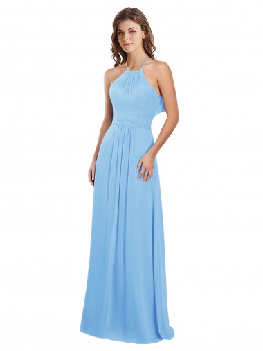 Periwinkle Trapèze Licou Mousseline Longue Robes demoiselle d'honneur en Gros