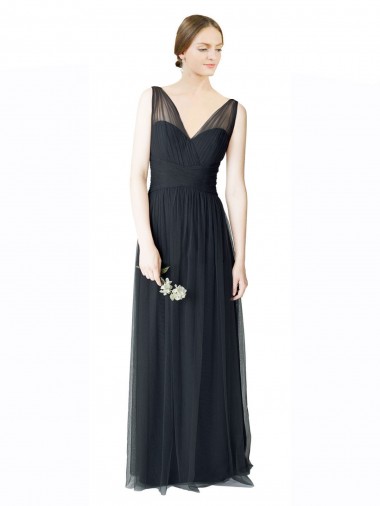 Pewter Trapèze Col V Tulle Longue Robes demoiselle d'honneur en Gros