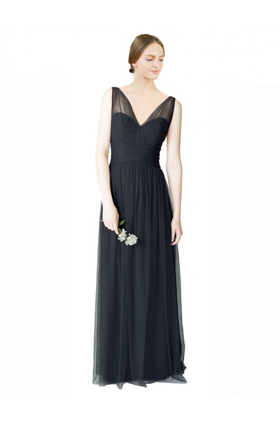 Pewter Trapèze Col V Tulle Longue Robes demoiselle d'honneur en Gros