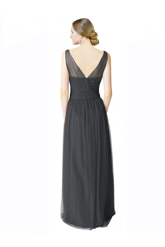 Pewter Trapèze Col V Tulle Longue Robes demoiselle d'honneur en Gros